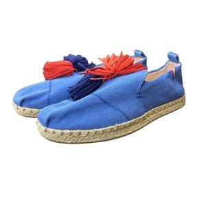👡 TOMS x Clare‎ V. Denim Espadrille Flats Tassel Slip-Ons Women’s 7 💙❤️